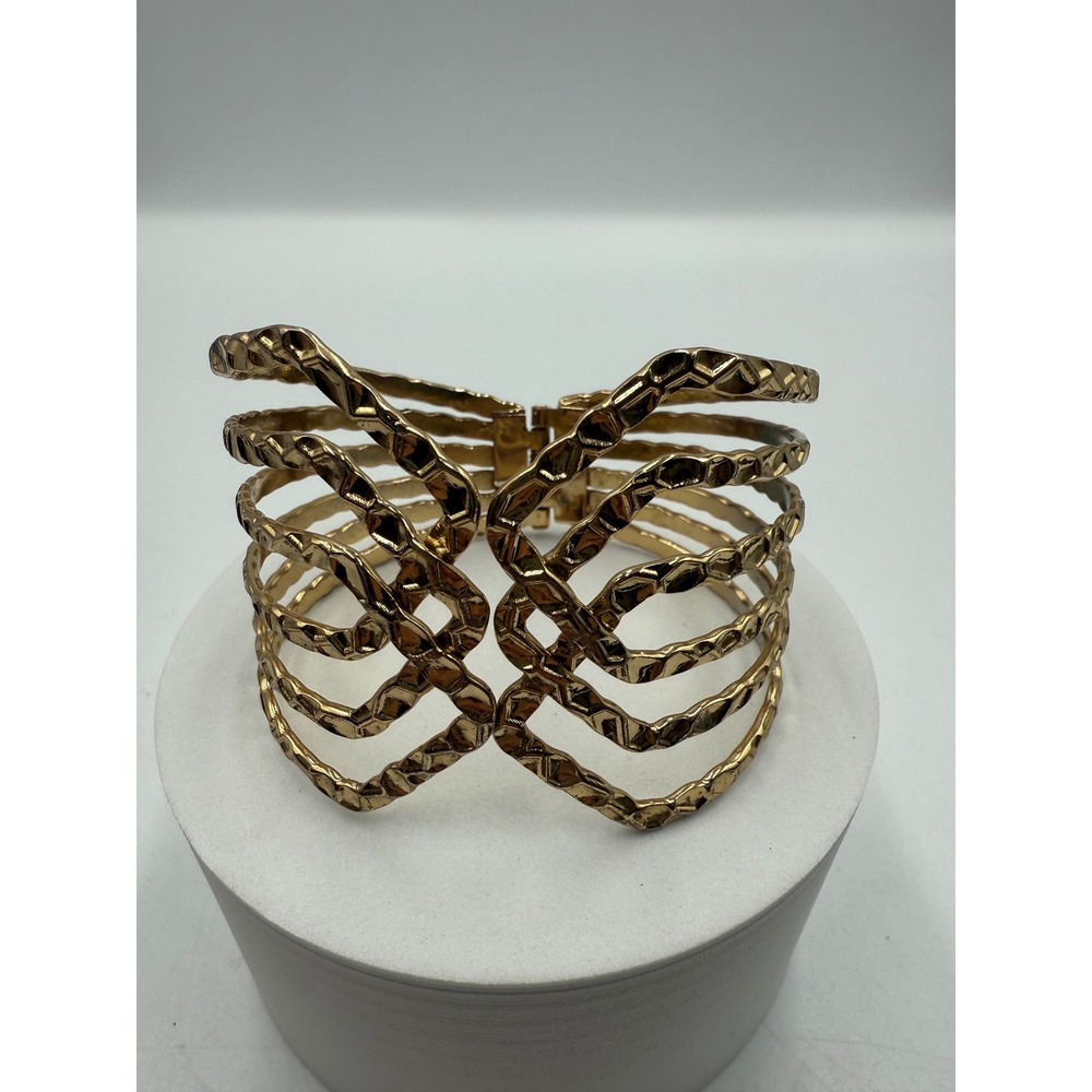 Hammered Gold Tone Multi Strand Hinged Cuff Bracelet Statement Cage Bangle